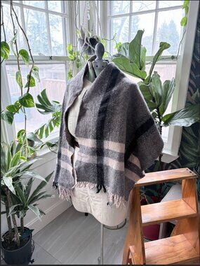 Madewell Plaid Wool Blend Fringe Wrap Cape Scarf